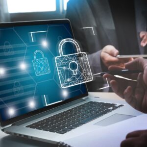 Laptop with lock icon hovering over the screen