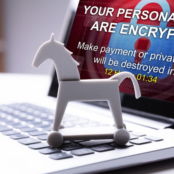 toy horse on keyboard representing Trojan Horse cyber attack