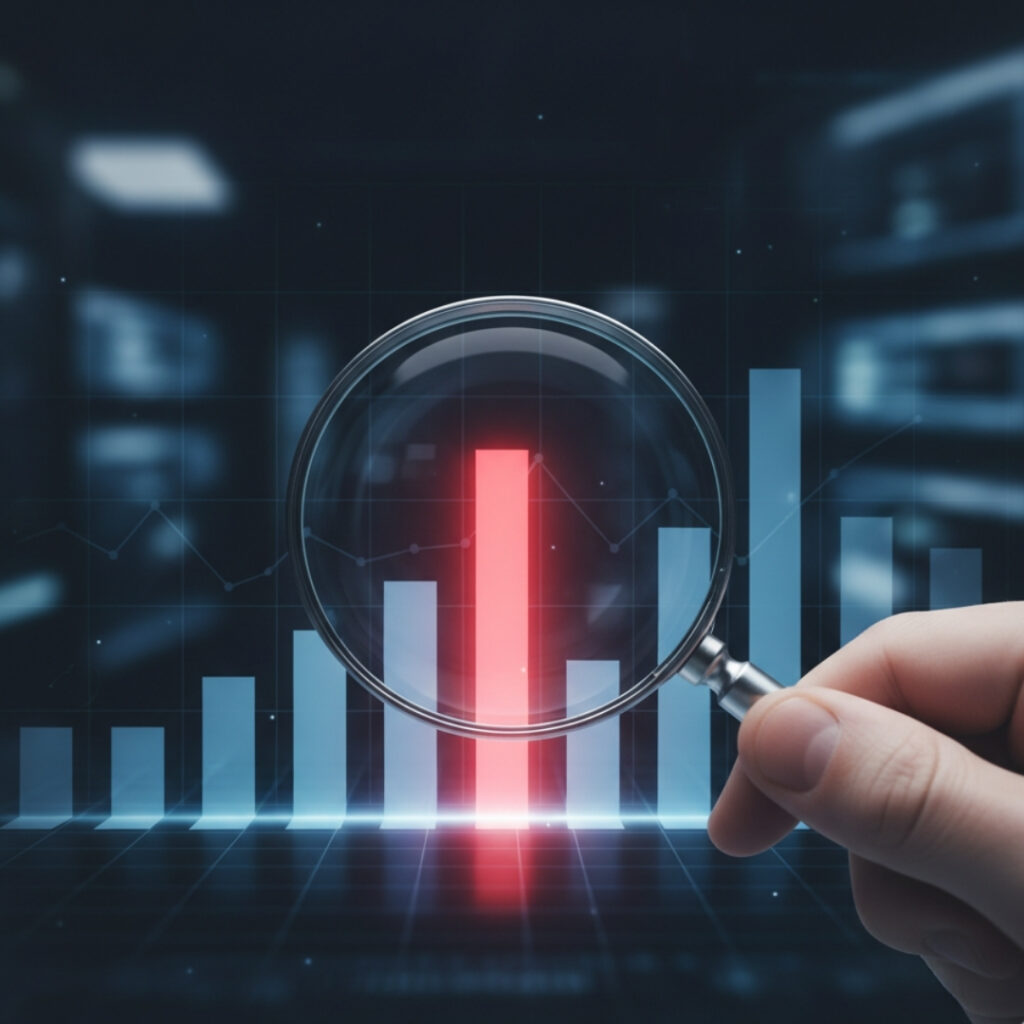 Hand using a magnifying glass to highlight a critical high-risk data point on a digital graph.