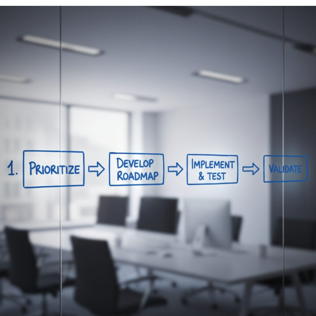 Whiteboard showing a clear, four-step phased project roadmap with connecting arrows.