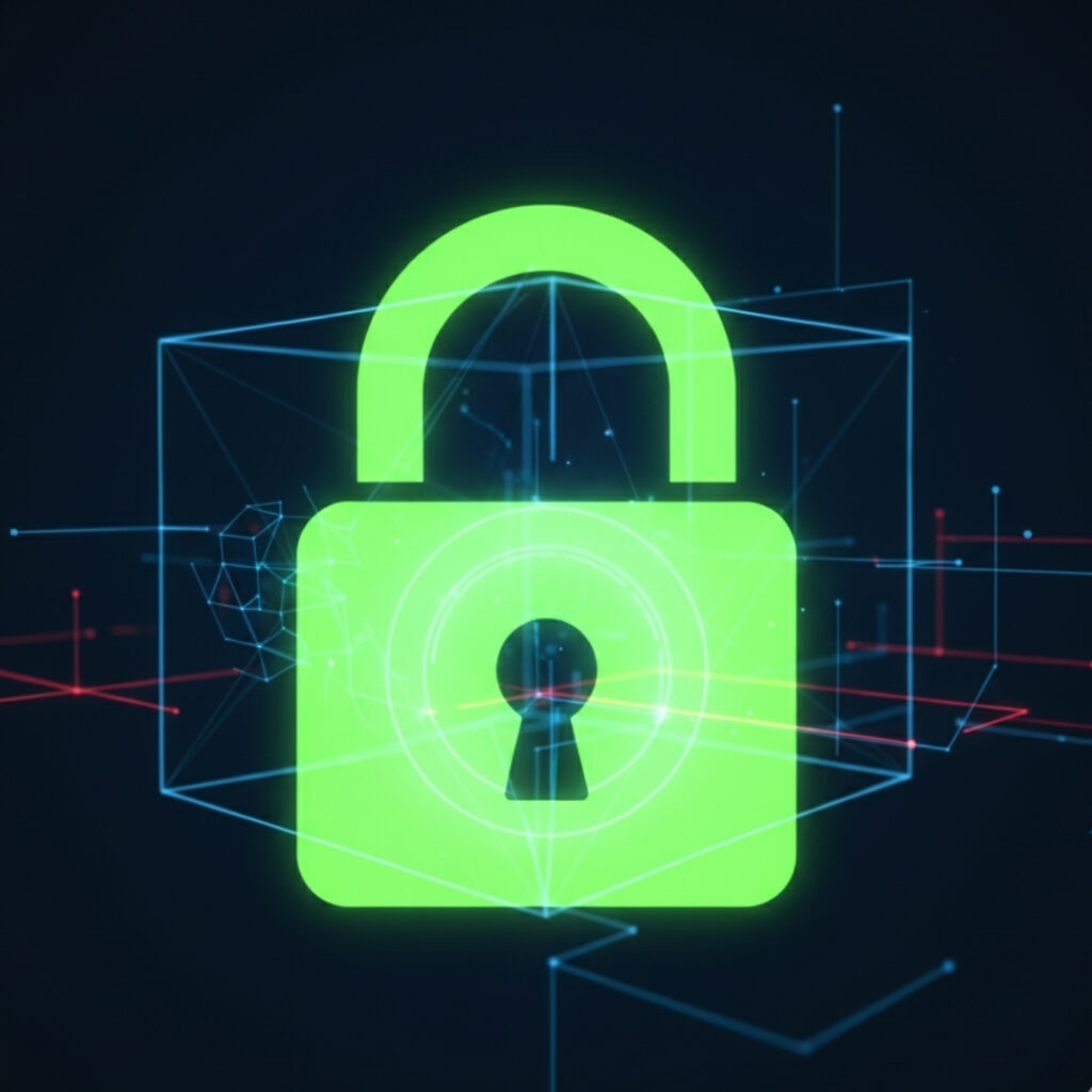 Abstract digital image of a glowing green padlock snapping securely closed, symbolizing successful validation.