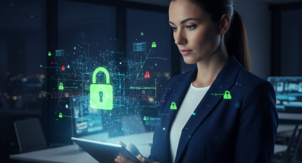 Cybersecurity expert analyzing a digital remediation roadmap on a tablet screen in a modern office.