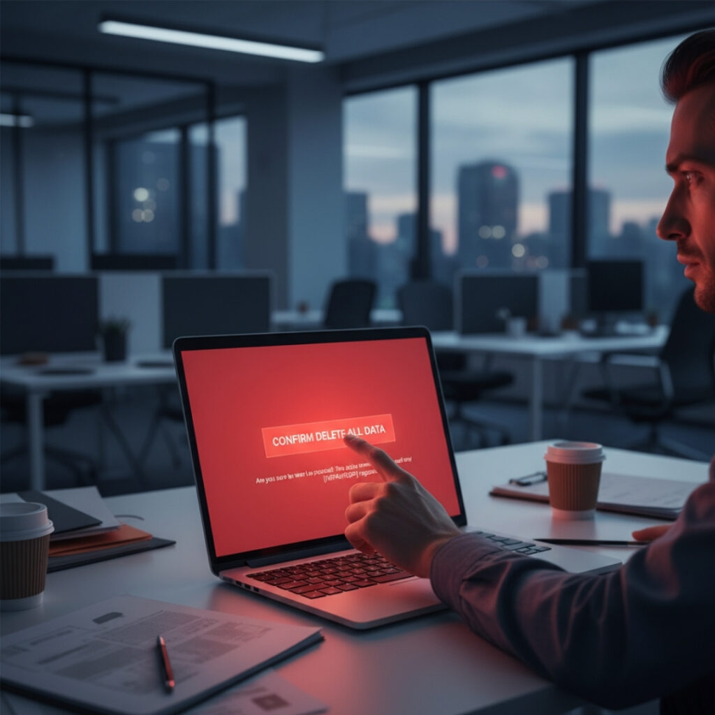 Close-up of a hand about to make a critical, high-stakes digital error