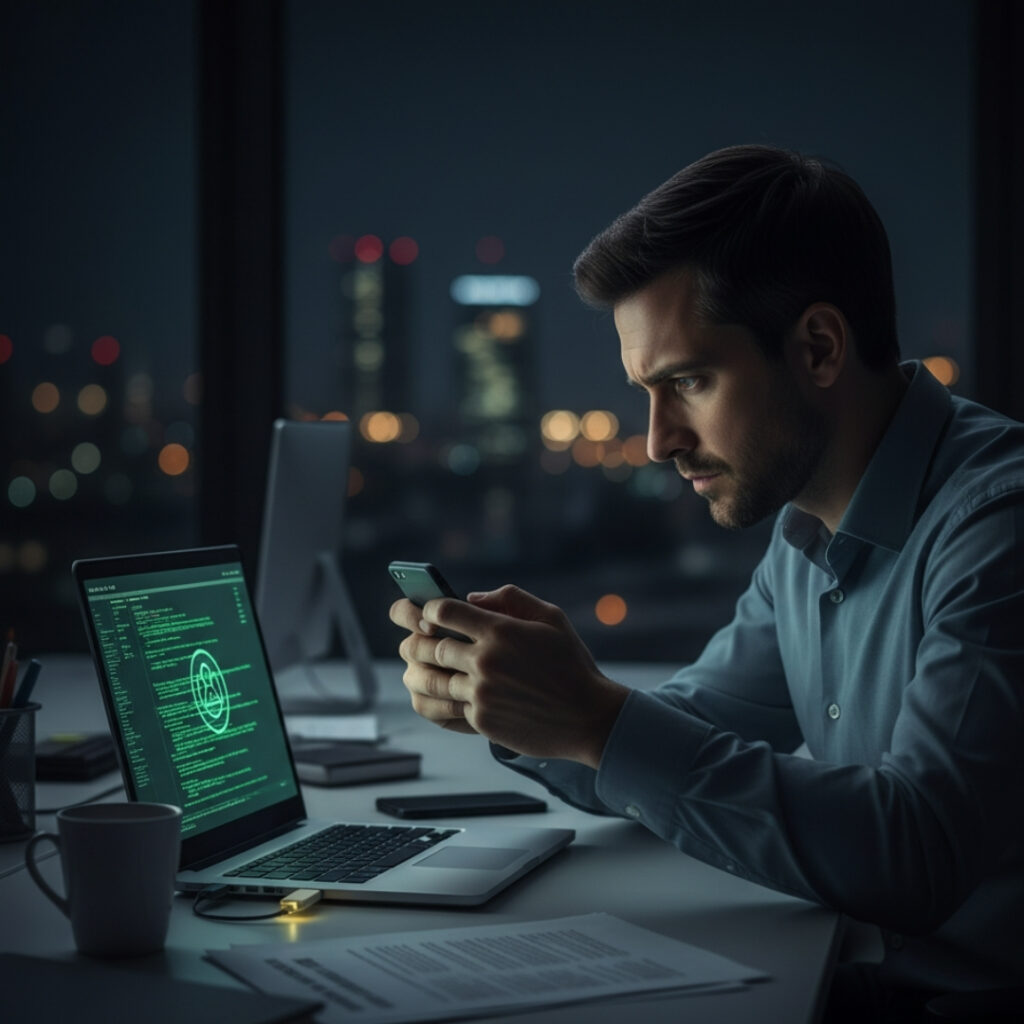 Low-light image of a malicious insider secretly photographing sensitive data