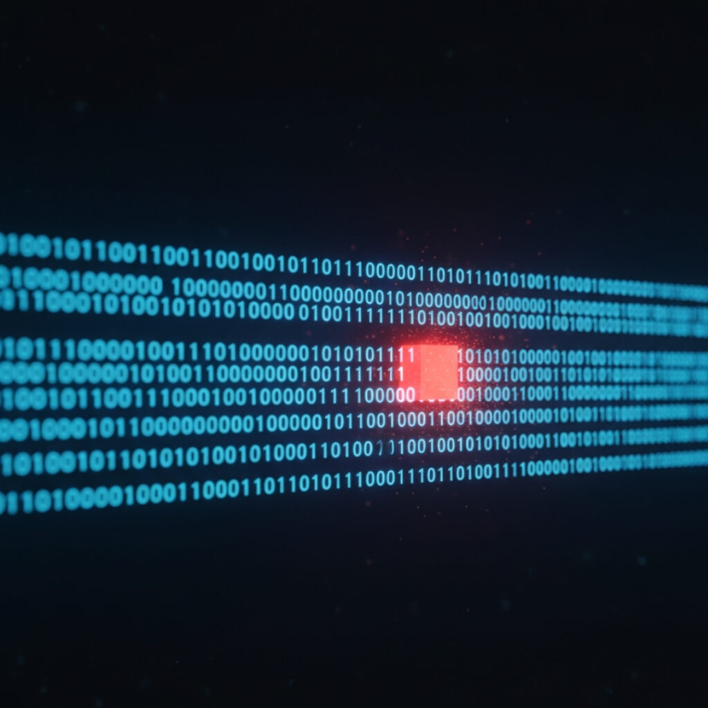 A single red, corrupt data block standing out in a line of blue binary code