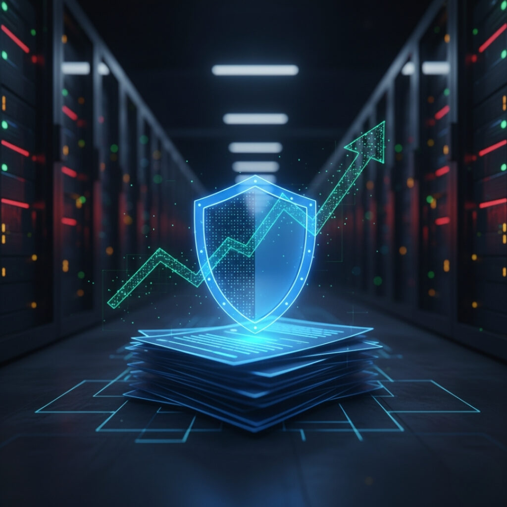 Digital security shield over a stack of documents with an upward green arrow