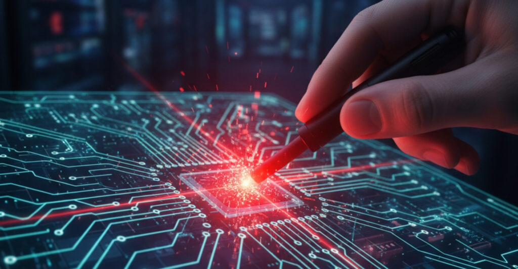 Hand pointing out a subtle red flaw on a complex digital circuit board