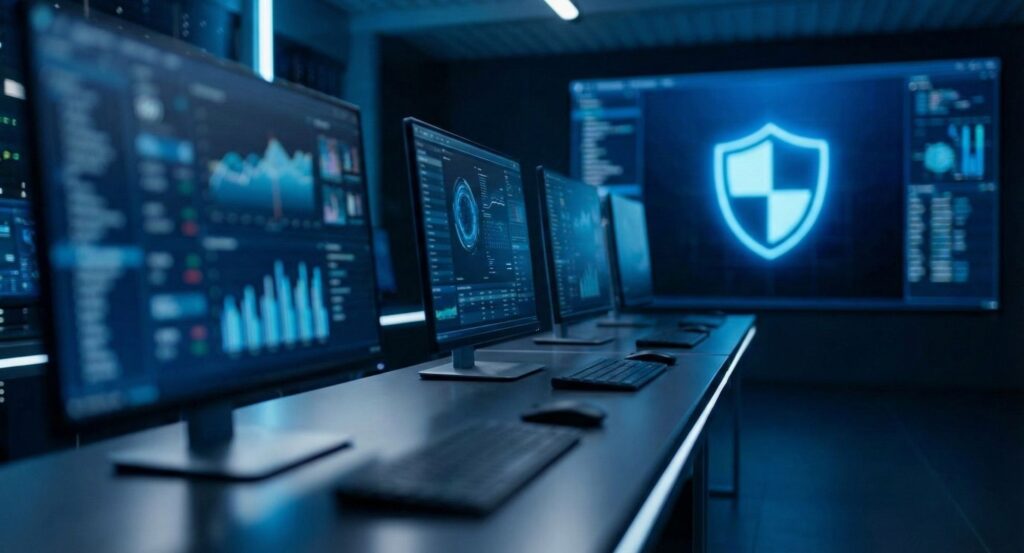 A professional cybersecurity operations center environment symbolizing web application security and protection.