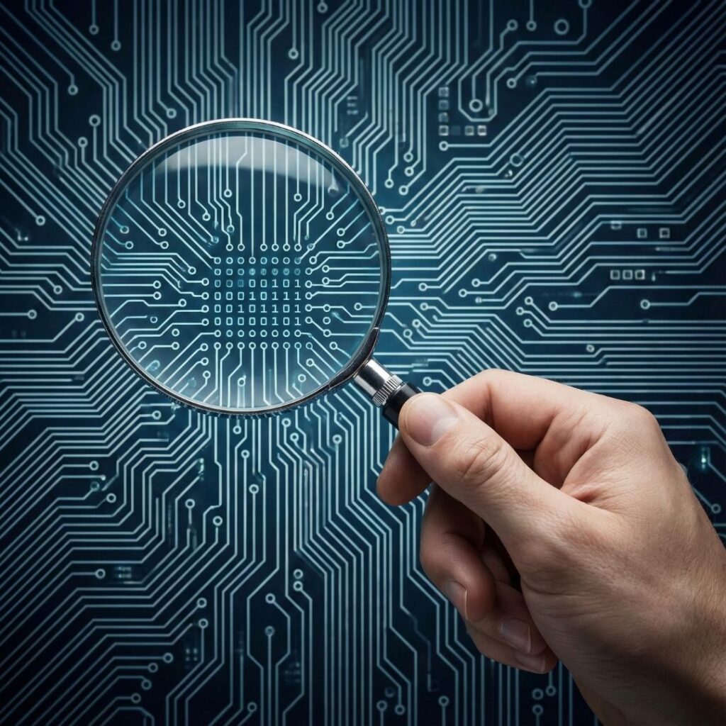 A magnifying glass over digital circuits representing manual expert penetration testing services.