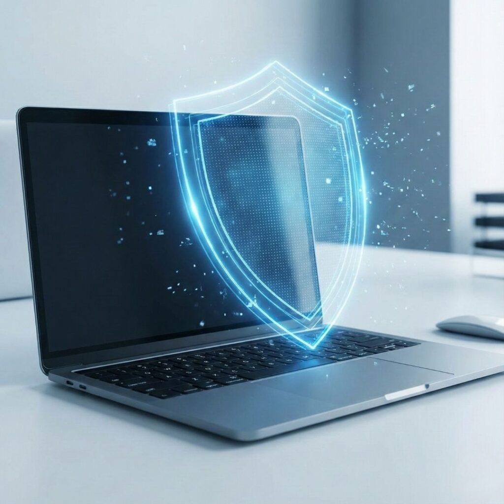 A laptop computer protected by a glowing holographic shield, illustrating endpoint security.